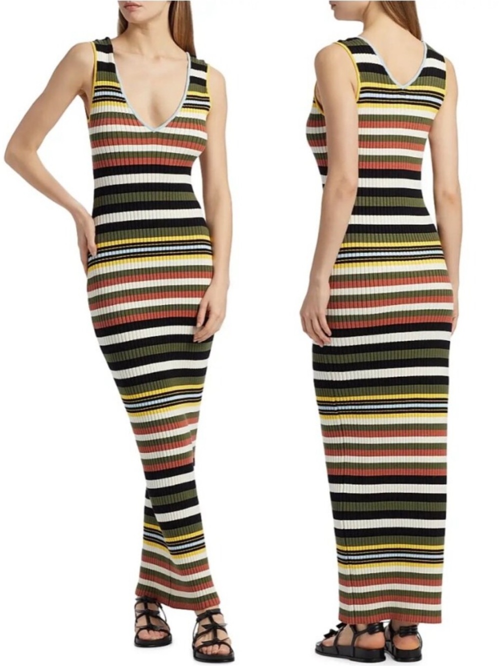 Toccin Sleeveless Ribbed V-Neck Maxi Dress in Black, White, Pink & Yellow